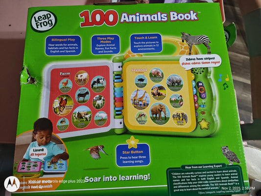 LeapFrog 100 Animals Book featuring colorful animal images and interactive learning features.
