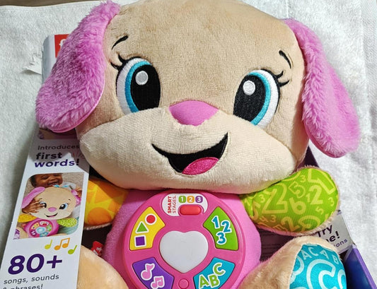 Learning Puppy Toy features colorful buttons and soft plush design for interactive play.
