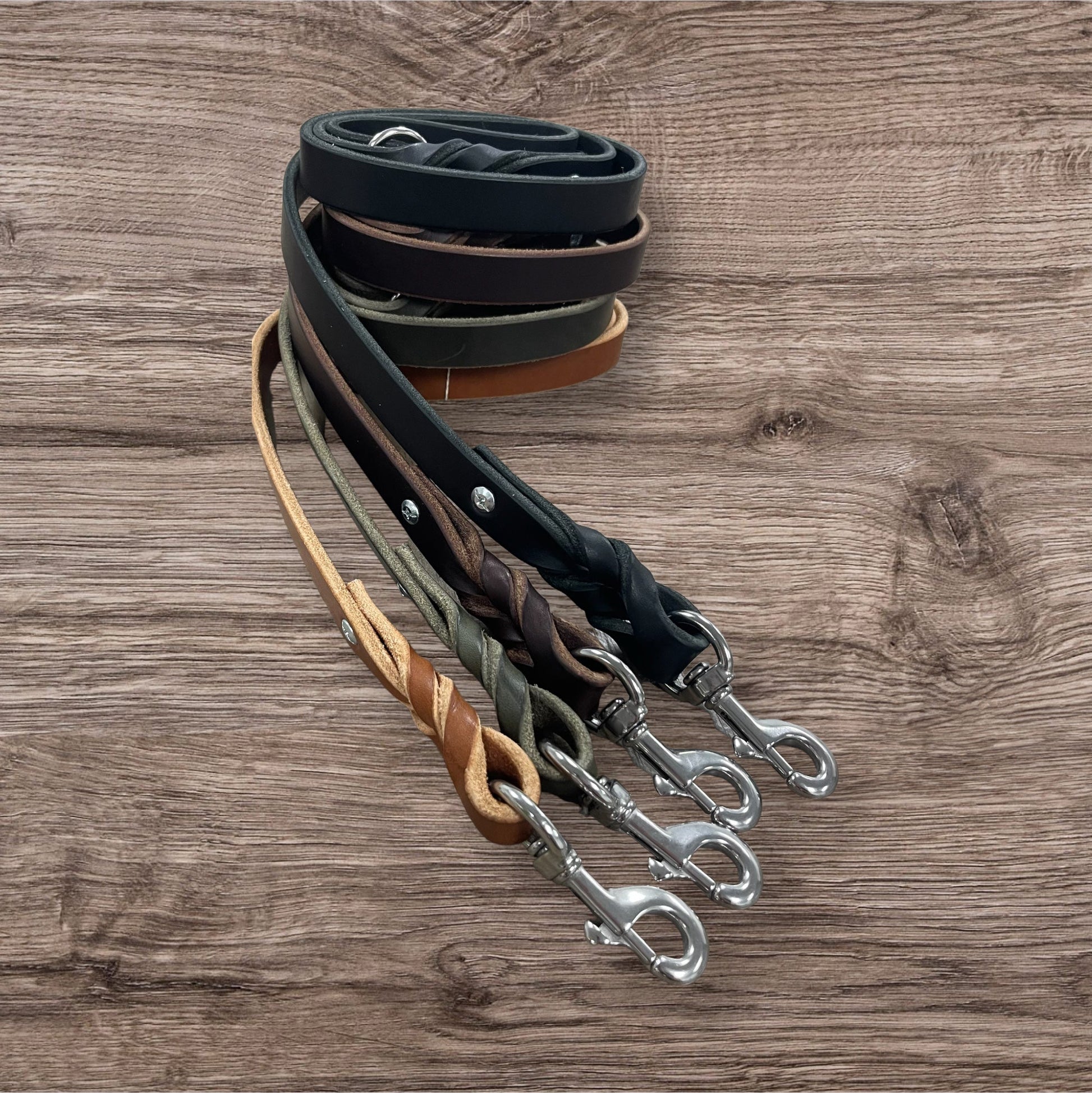 Leather Dog Leashes set featuring multiple colors and styles for pet owners.
