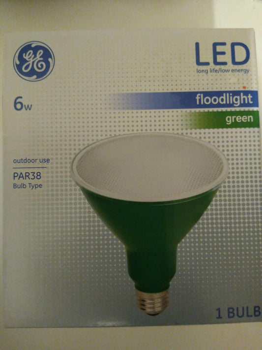 LED floodlight green PAR38 bulb, 6W, designed for outdoor use.