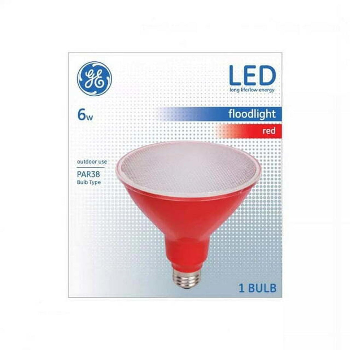 LED floodlight red by GE, 6W PAR38 bulb with a glossy finish.