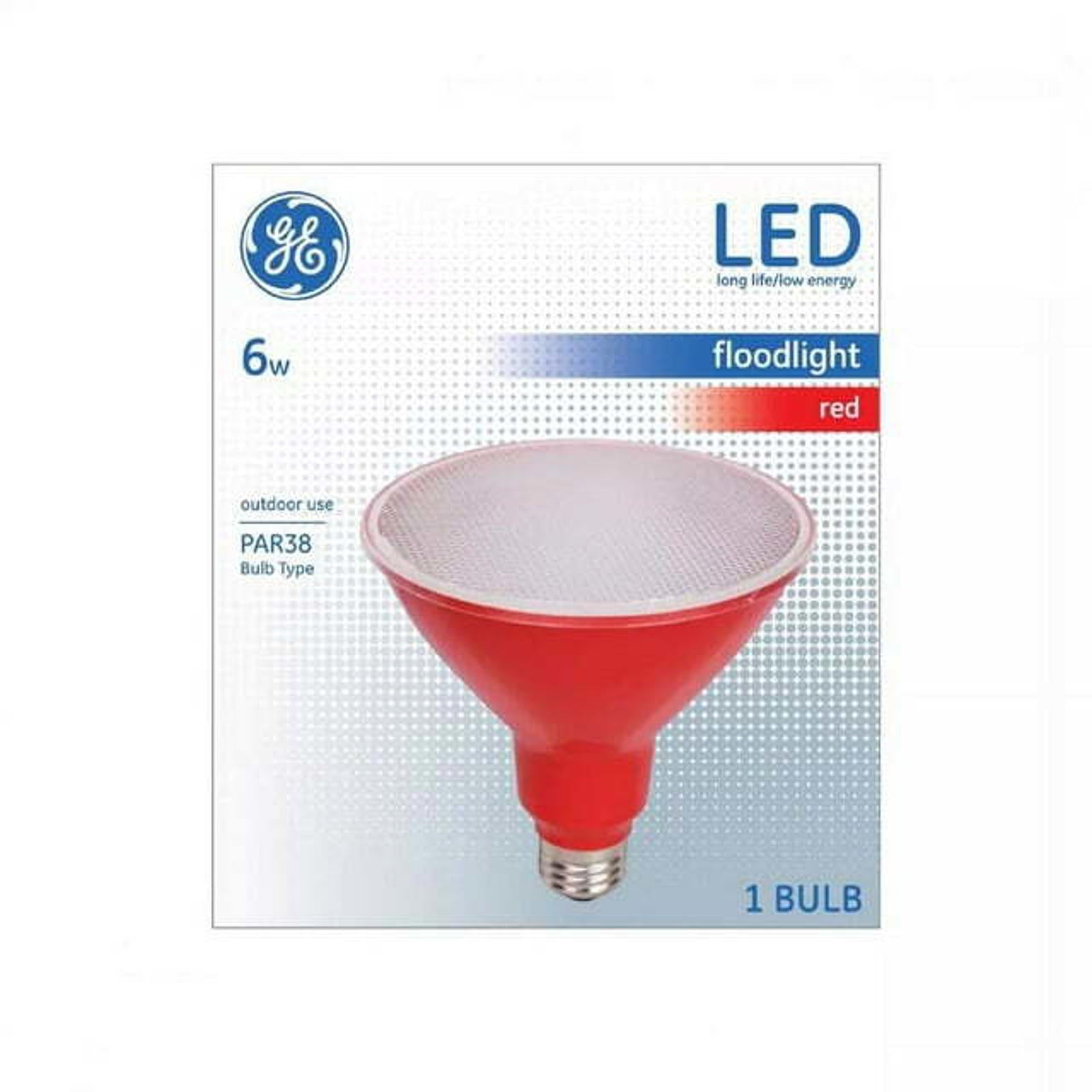LED floodlight red by GE, 6W PAR38 bulb with a glossy finish.