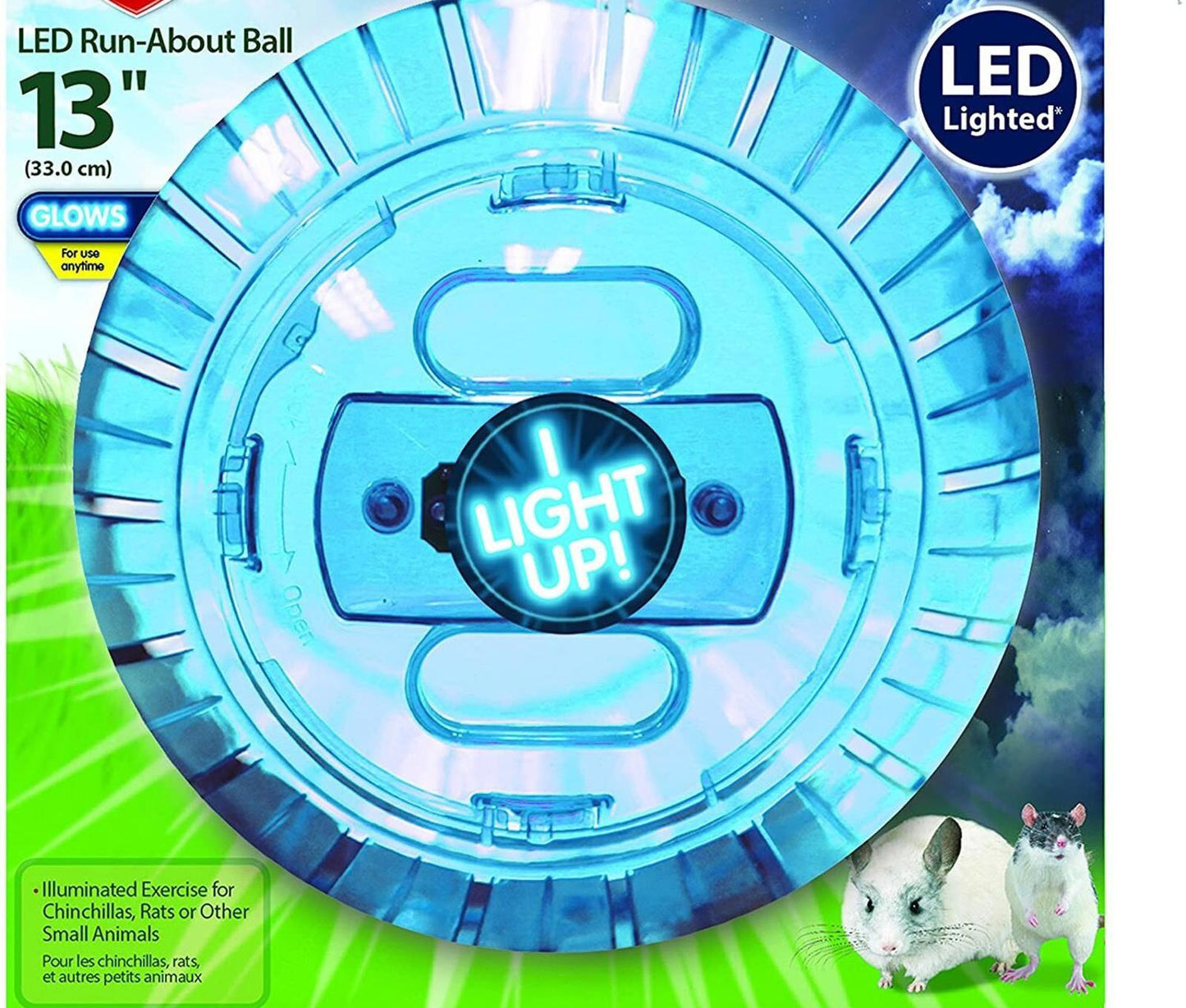 LED Run-About Ball glows in blue, perfect for small pets like rabbits and hamsters.