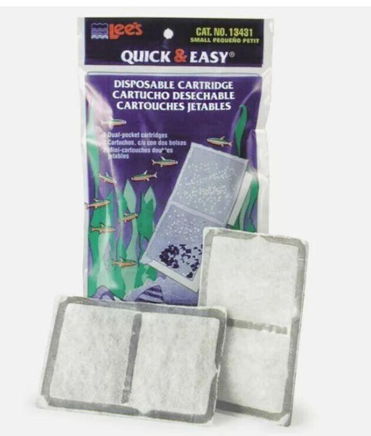Lee's Quick & Easy disposable cartridge for small fish tanks, featuring two filter pads.