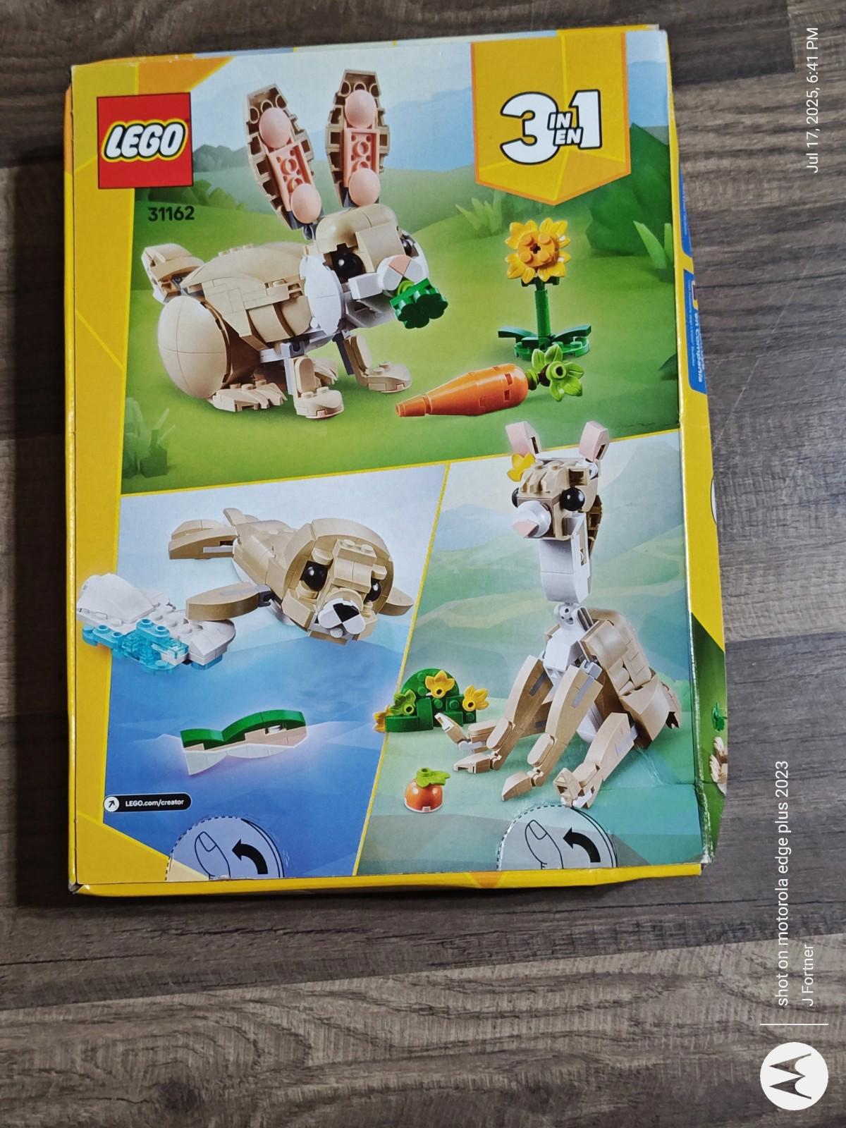 LEGO 3-in-1 Bunny set featuring a rabbit, turtle, and flower scene.