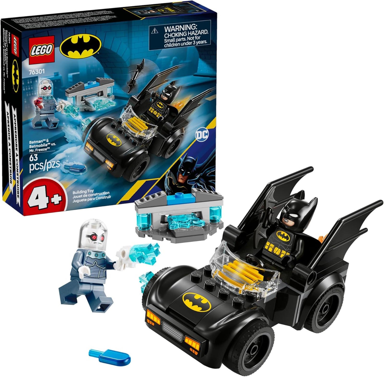 LEGO Batman Batmobile set featuring a black car, Batman figure, and icy villain.