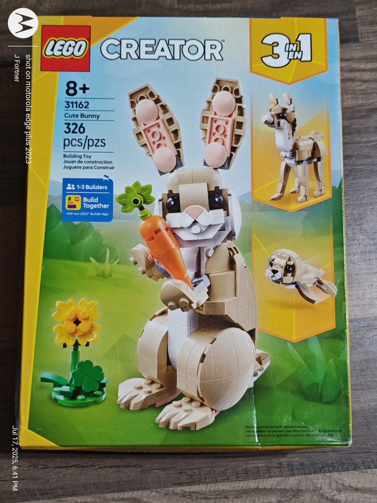 LEGO Creator 3-in-1 Cute Bunny set with 326 pieces, featuring a bunny holding a carrot and flower.
