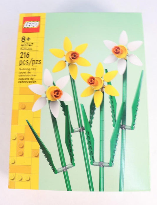 LEGO Daffodils building set featuring four colorful flowers with yellow petals and green stems.