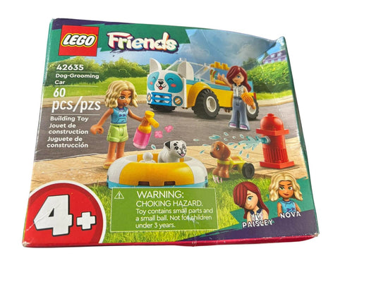LEGO Friends Dog Grooming Car set featuring a dog, characters, and accessories for creative play.