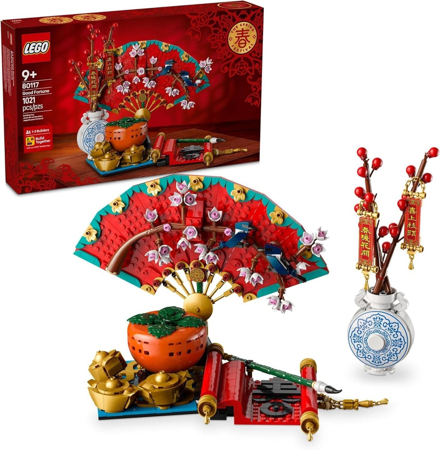 LEGO Lunar New Year Traditions set featuring a decorative fan, cherry blossoms, and gold ingots.