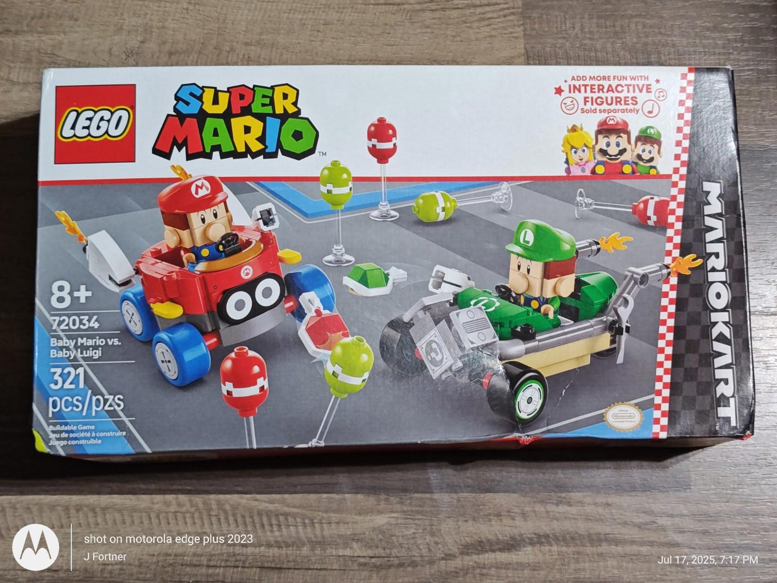 LEGO Super Mario set featuring Mario and Luigi in karts with colorful power-ups.