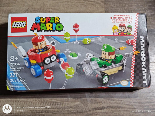 LEGO Super Mario set featuring Mario and Luigi in karts with colorful power-ups.