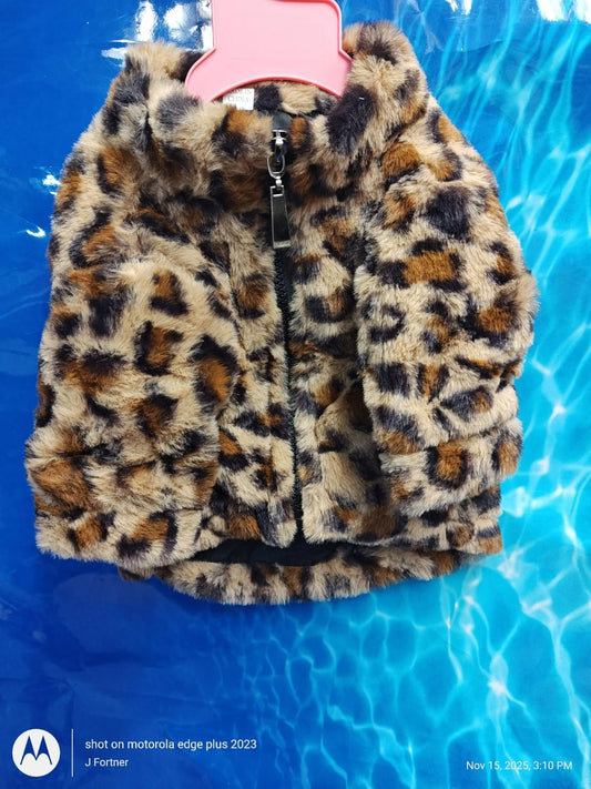 Leopard Print Faux Fur Jacket featuring a zip closure and soft texture.