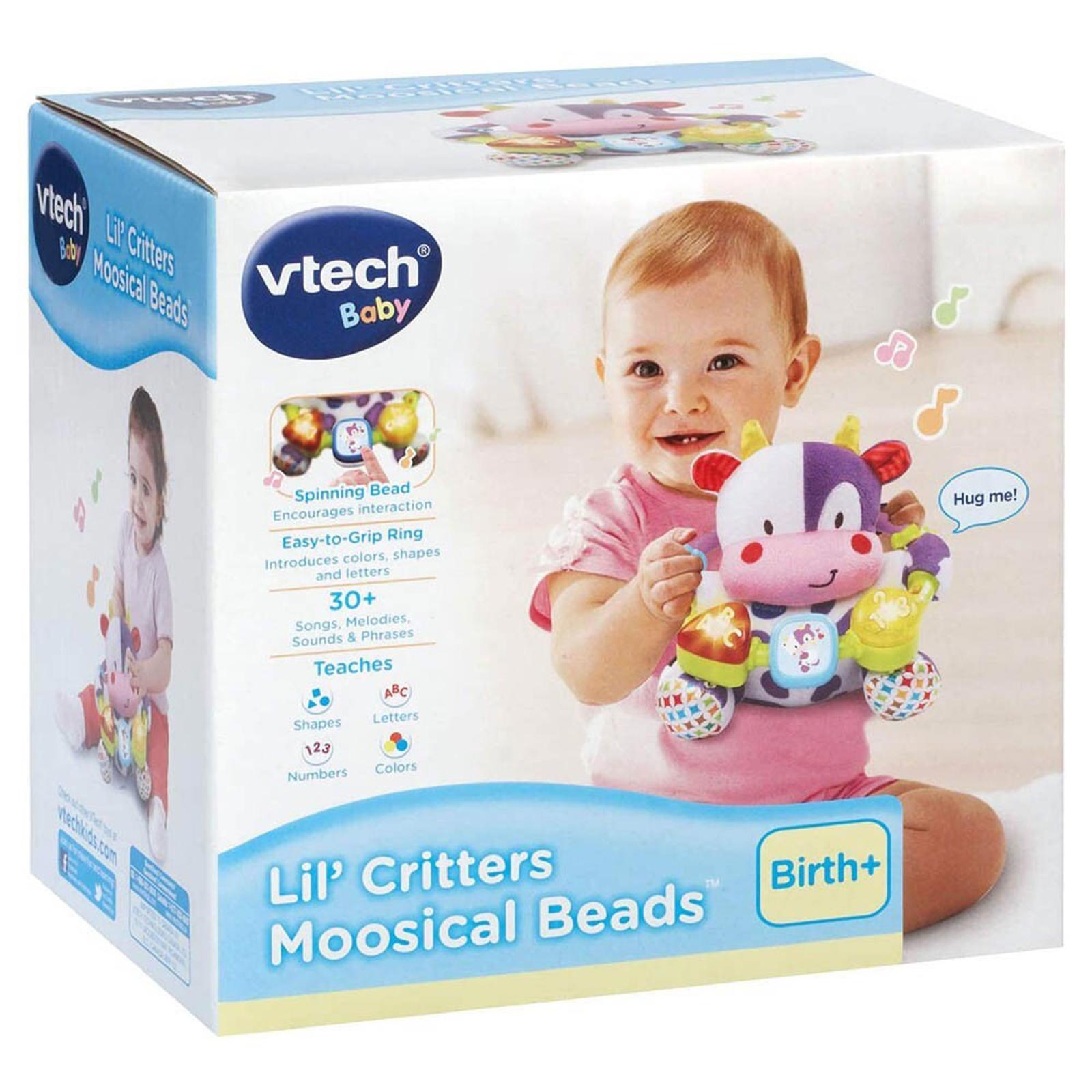 Li'l Critters Moosical Beads toy box featuring a smiling baby holding the colorful plush toy.