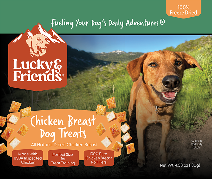 Lucky & Friends Chicken Breast Dog Treats featuring all-natural diced chicken breast for training.