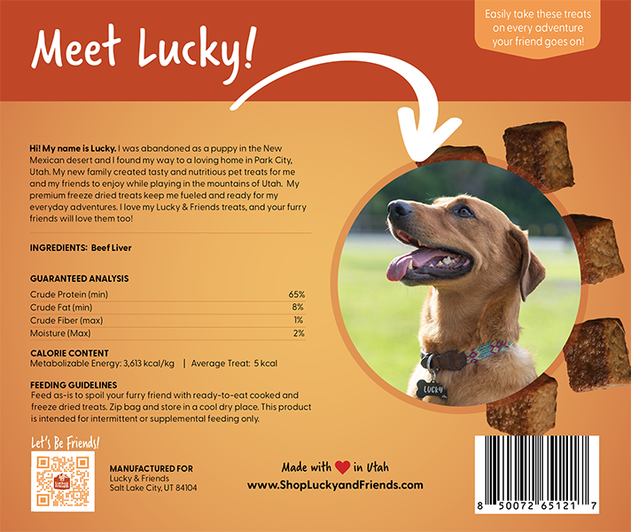 Lucky dog treats featuring a friendly golden retriever and nutritious ingredients.