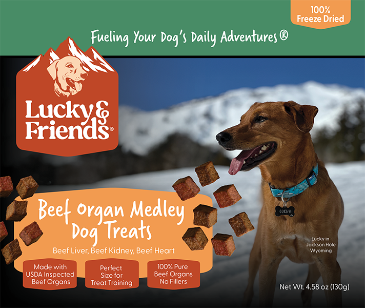 Lucky & Friends Beef Organ Medley Dog Treats featuring beef liver, kidney, and heart for training.