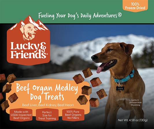 Lucky & Friends Beef Organ Medley Dog Treats featuring beef liver, kidney, and heart for training.