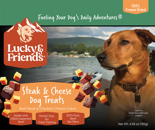 Lucky & Friends Steak & Cheese Dog Treats featuring beef and cheddar cheese cubes for training.