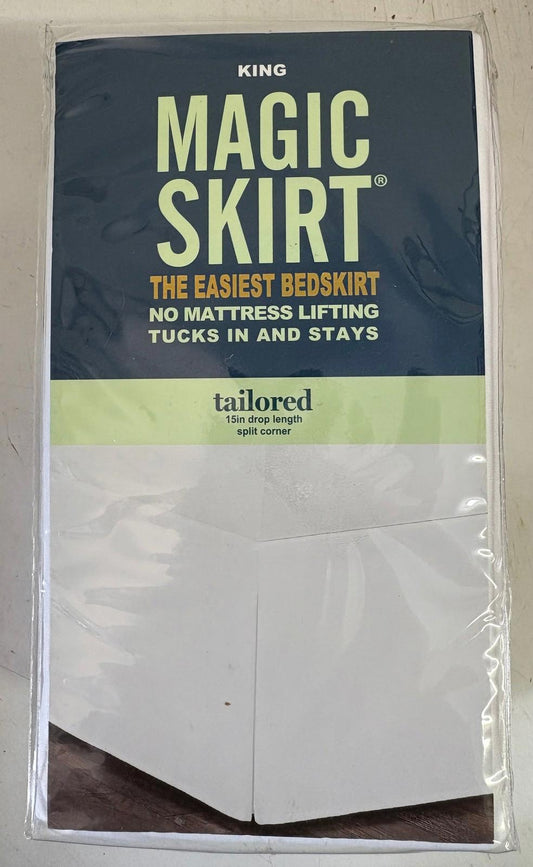 Magic Skirt king bedskirt in white, designed for easy installation without lifting the mattress.