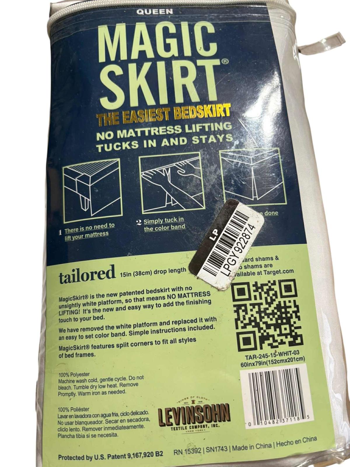 Magic Skirt queen bed skirt with tailored design, no mattress lifting required.