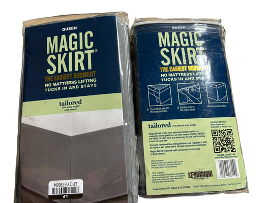 Magic Skirt queen size bed skirt in packaging, designed for easy tucking without lifting the mattress.