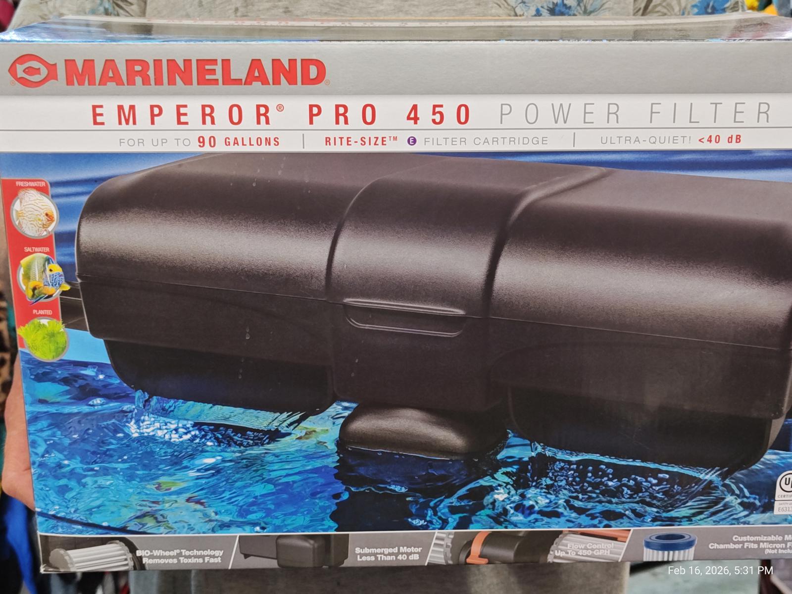 Marineland Emperor Pro 450 power filter designed for aquariums up to 90 gallons, featuring a sleek black design.