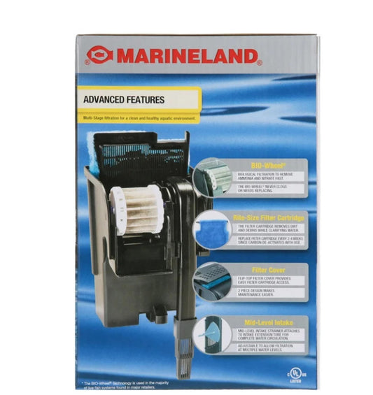 Marineland filter system with advanced features, including big wheel and easy filter cartridge access.