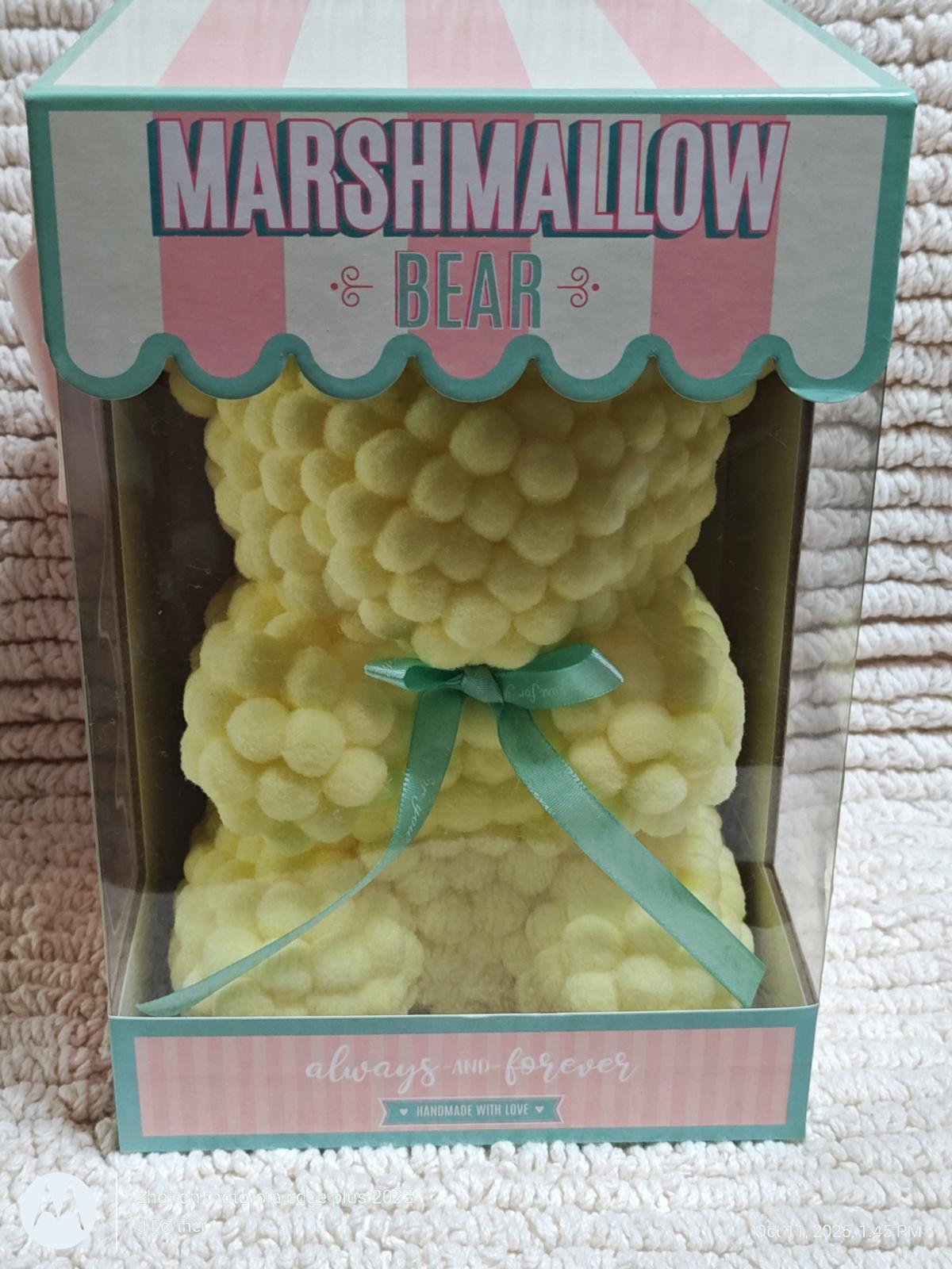 Marshmallow Bear in yellow packaging with a teal ribbon, perfect for gifts.