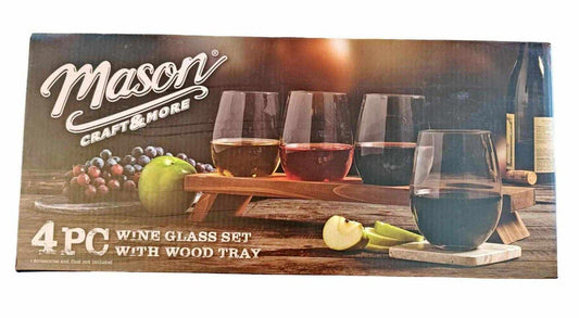Mason 4PC wine glasses set with wood tray, featuring four glasses and a wooden serving tray.