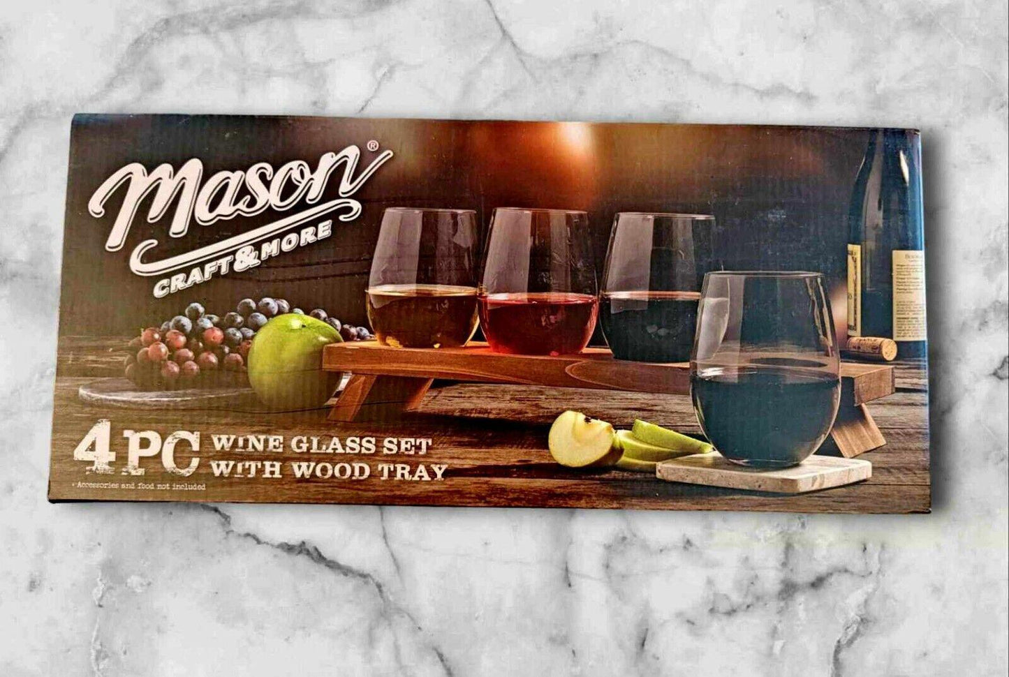Mason Craft & More wine glass set with four glasses and wood tray, perfect for entertaining.