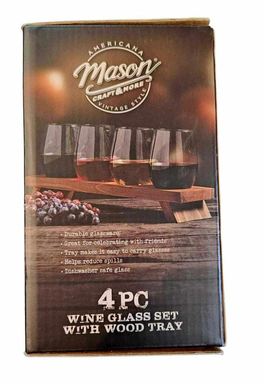 Mason 4 pc wine glass set with wood tray, perfect for celebrations and gatherings.