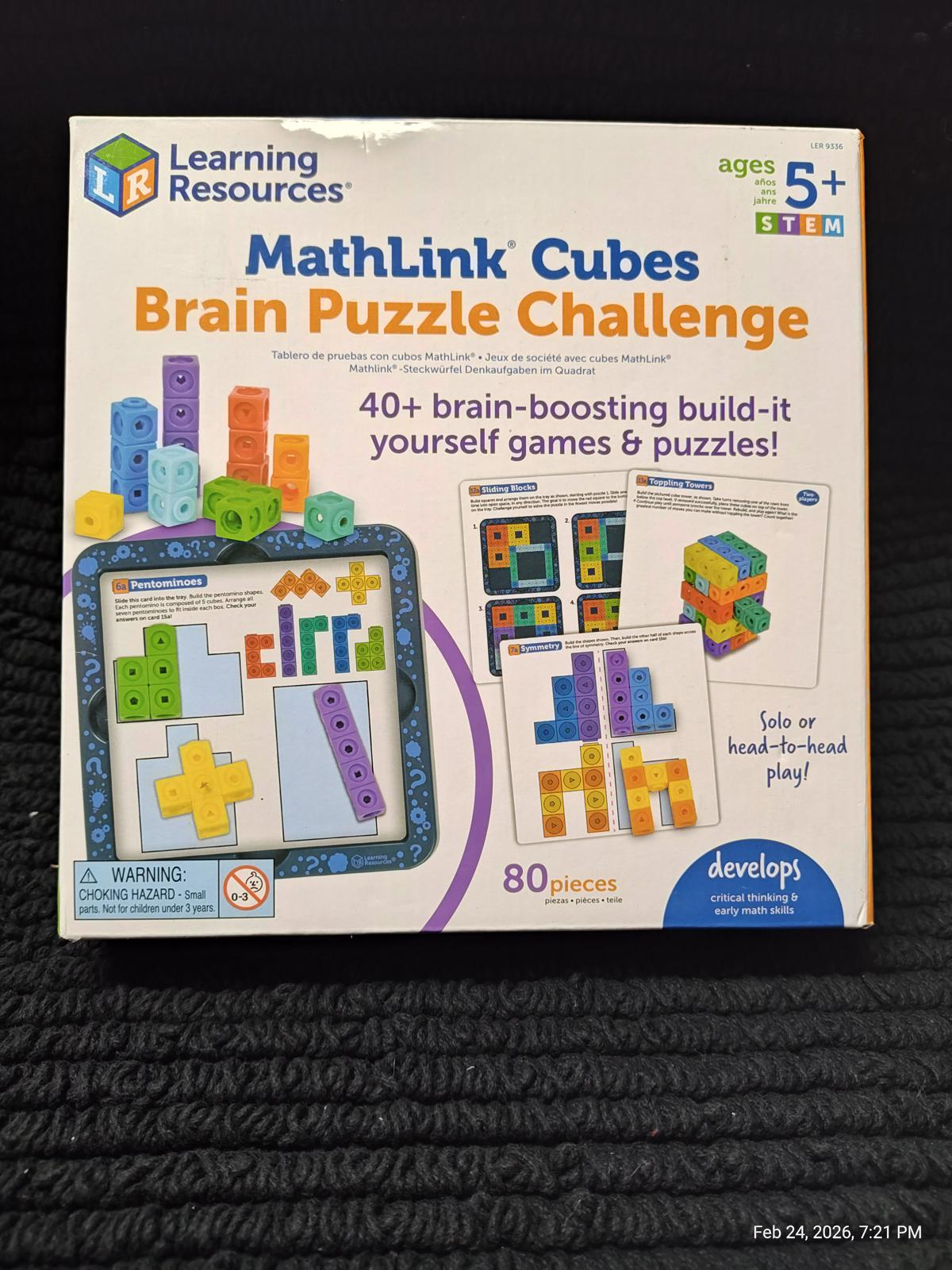 MathLink Cubes Brain Puzzle Challenge set featuring colorful cubes and puzzle designs for ages 5 and up.