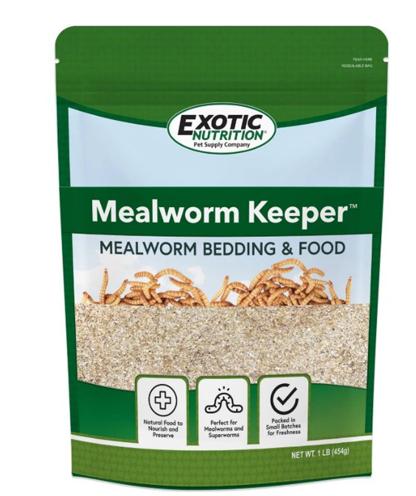 Mealworm Keeper bedding and food with natural ingredients for healthy mealworms.