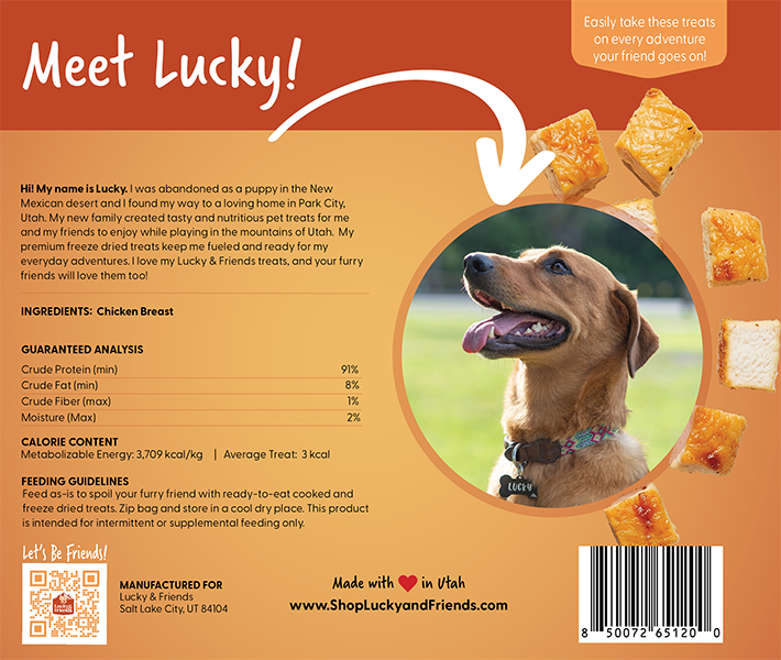Meet Lucky dog treats packaging featuring a friendly dog and snack details.