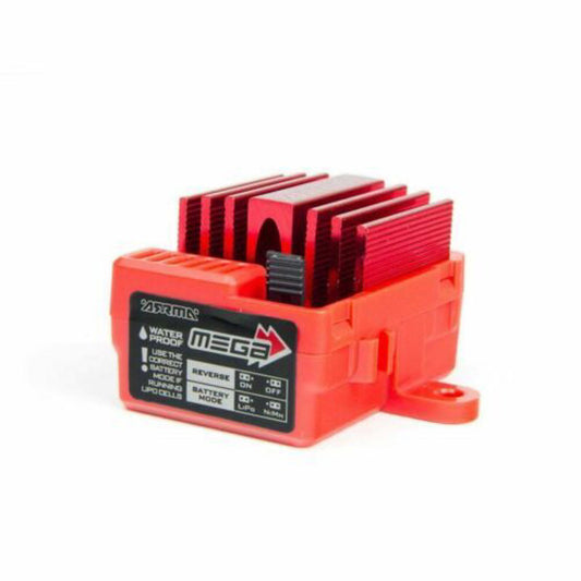 Mega battery management system with red heatsink and detailed labeling.