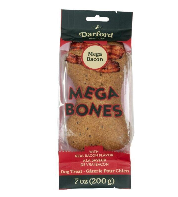 Mega Bones dog treat with real bacon flavor in a 7 oz package.