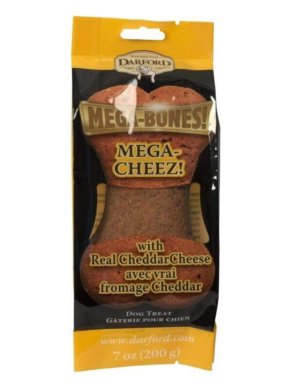 Mega-Bones! Mega-Cheez! dog treats with real cheddar cheese in a vibrant package.