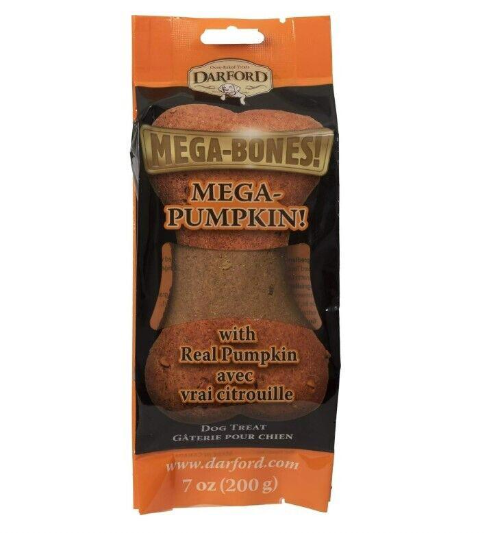 Mega-Pumpkin dog treat with real pumpkin, featuring a vibrant orange packaging.