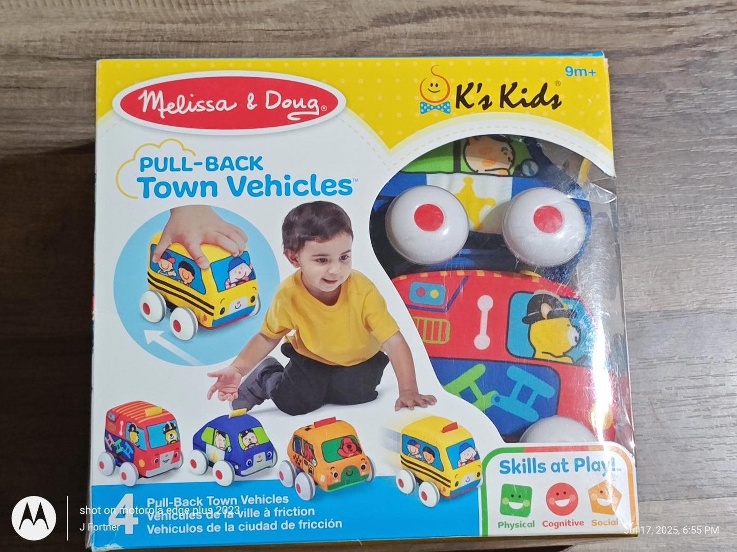Melissa & Doug Pull-Back Town Vehicles set featuring colorful toy cars and a child playing.