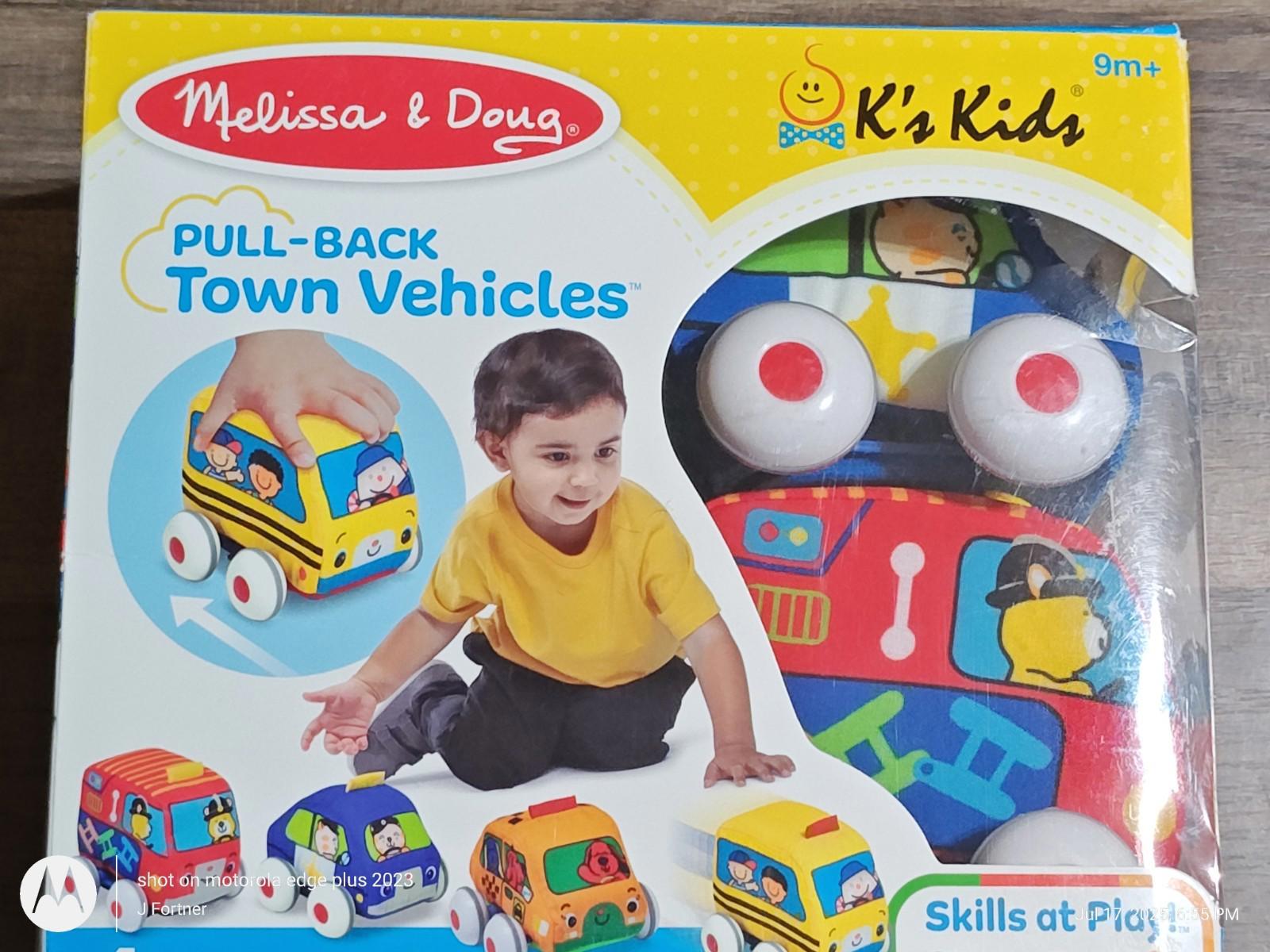 Melissa & Doug Pull-Back Town Vehicles set featuring colorful toy cars and a child playing.