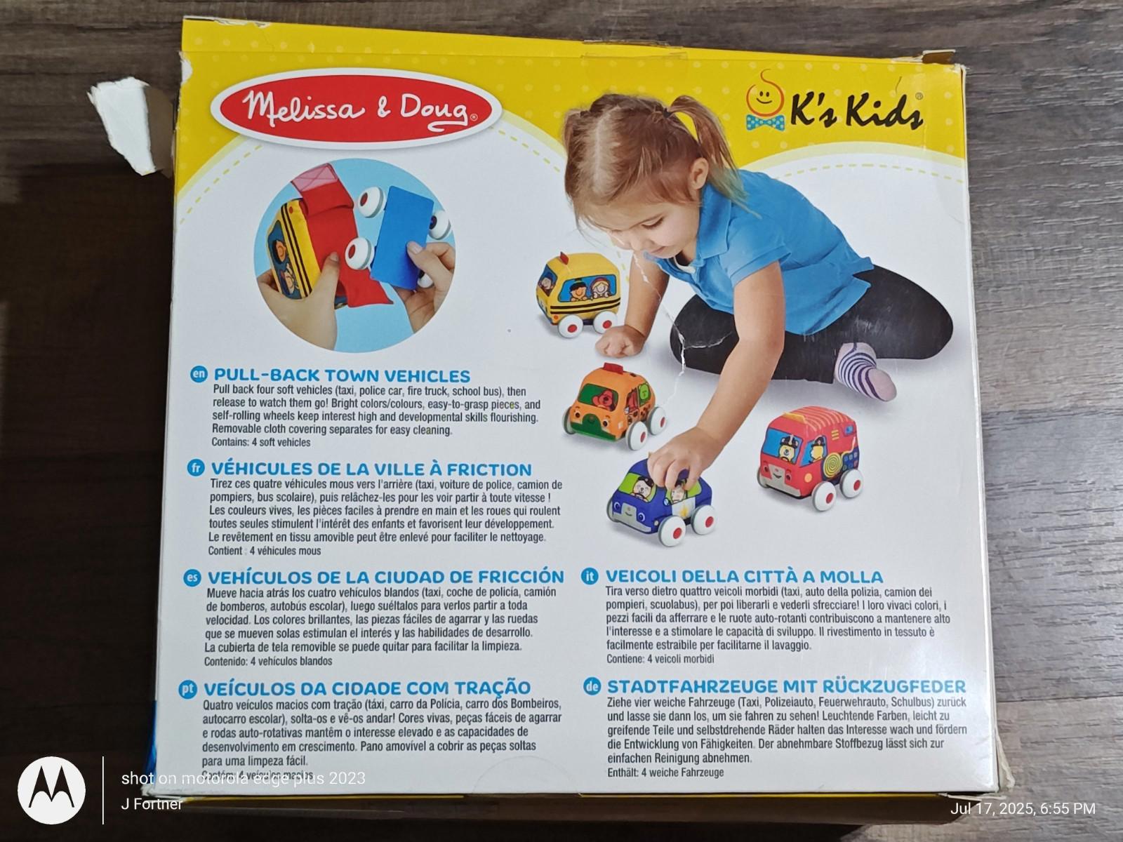 Melissa & Doug pull-back toy vehicles in colorful designs for kids.