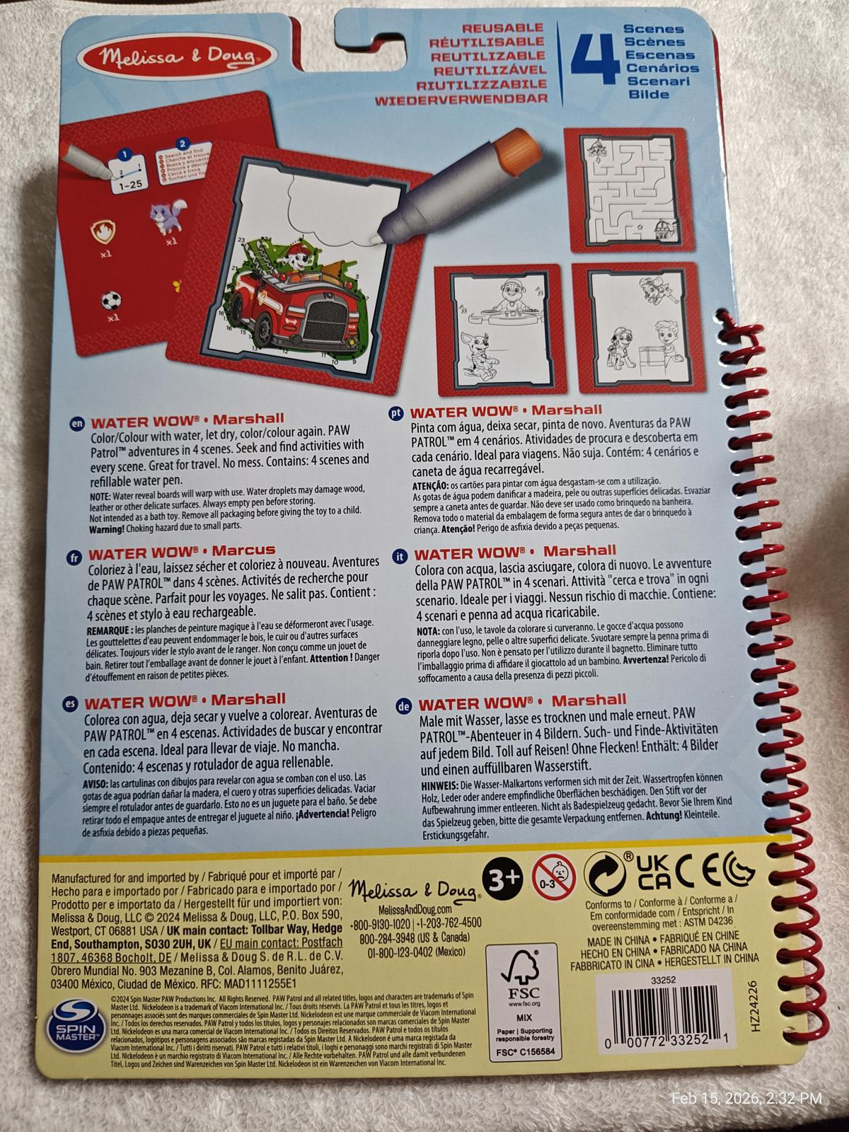 Melissa & Doug Water Wow! activity book with reusable pages and water pen.