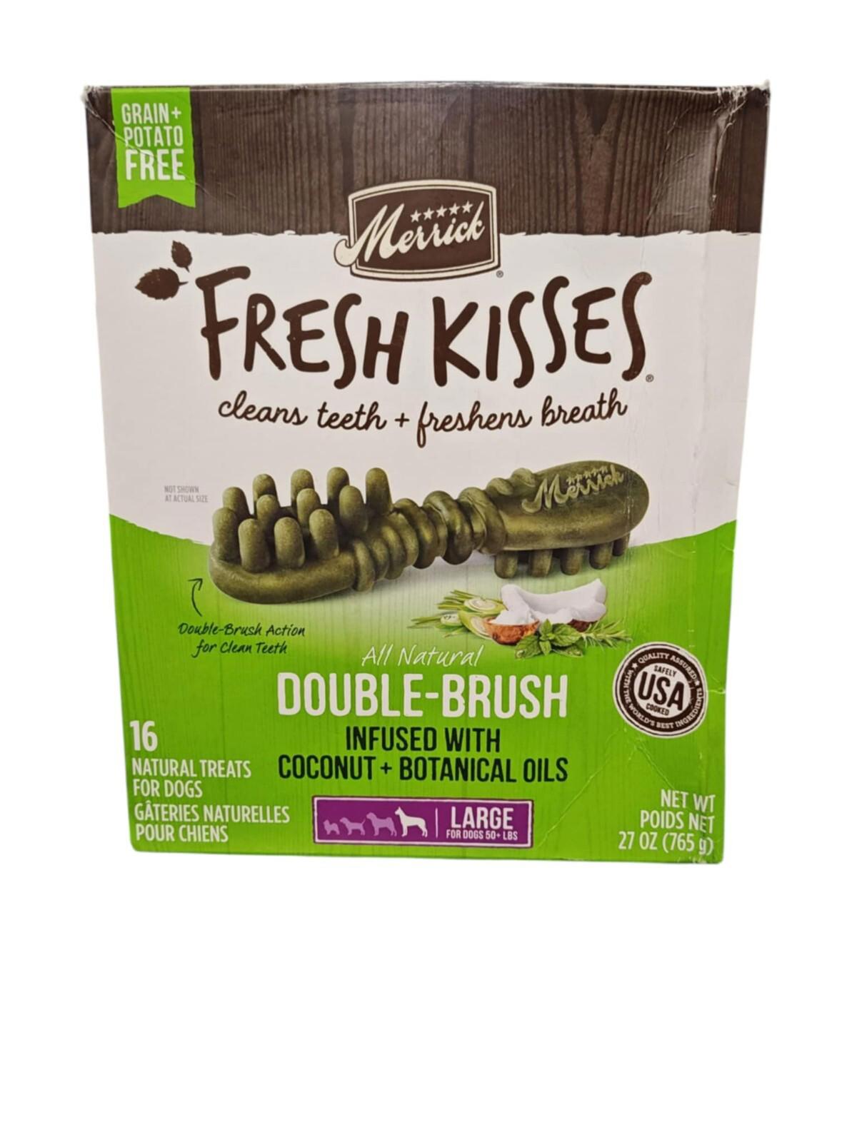 Merrick Fresh Kisses double-brush dog treats infused with coconut and botanical oils for fresh breath.
