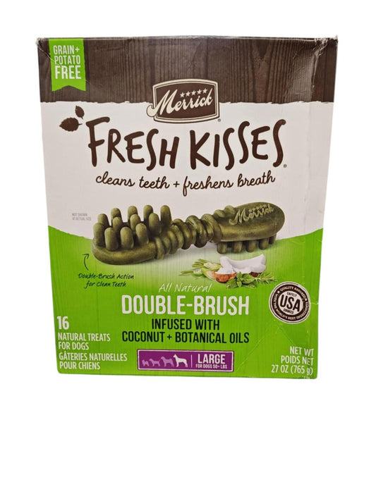 Merrick Fresh Kisses double-brush dog treats infused with coconut and botanical oils for fresh breath.