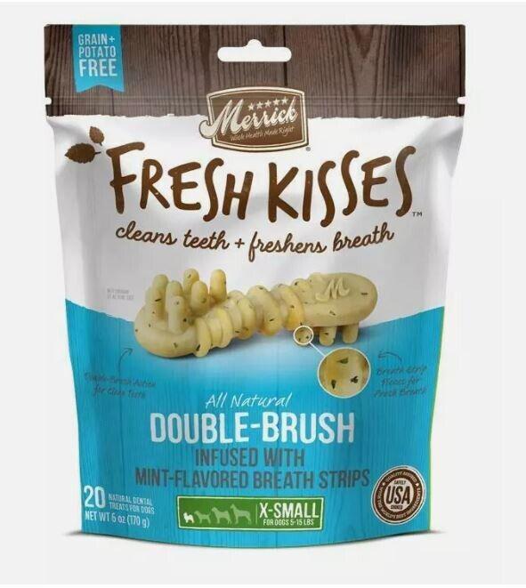 Merrick Fresh Kisses double-brush dog treats infused with mint flavor for fresh breath.