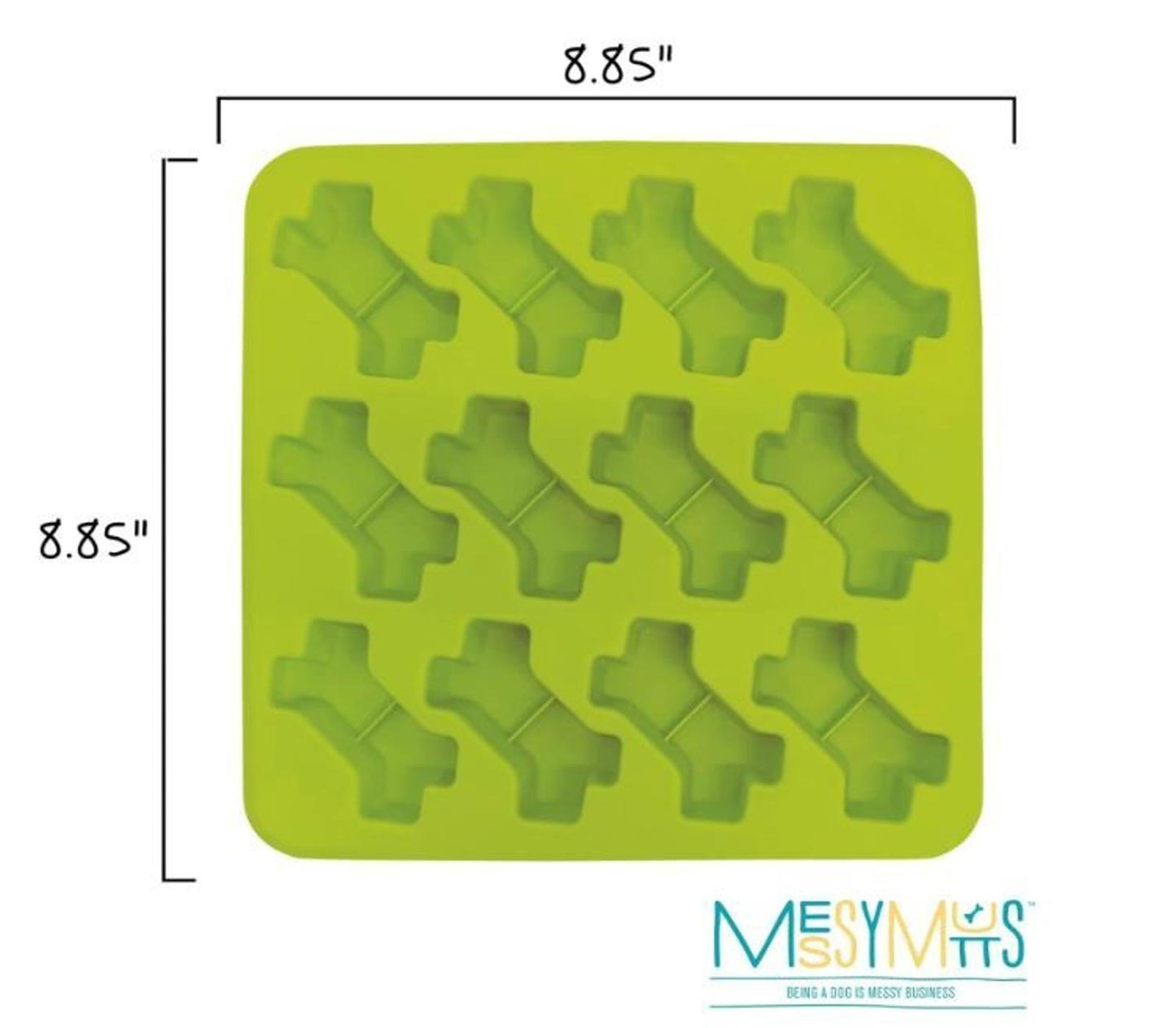 Messy Mats silicone dog bone mold in bright green, featuring 12 cavities for baking treats.