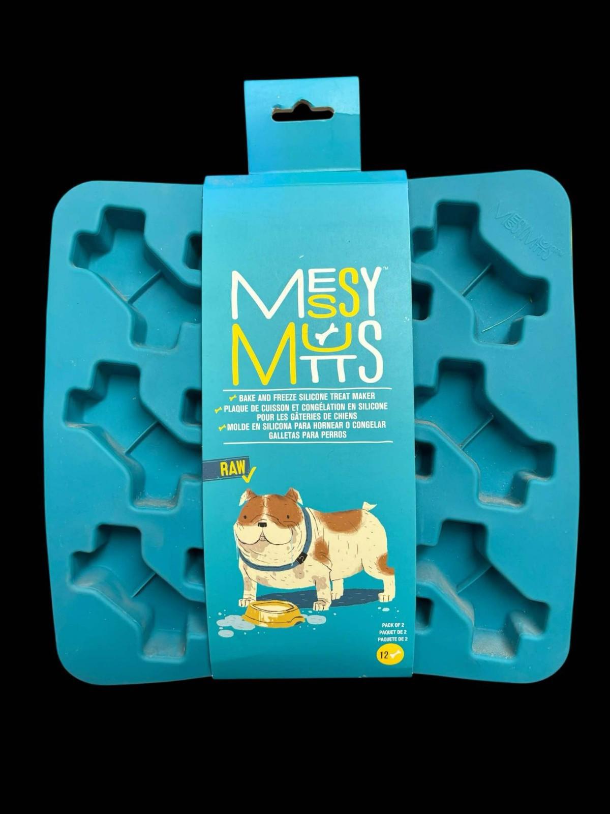 Messy Mitts silicone dog treat molds in blue, featuring bone shapes for easy pet treats.
