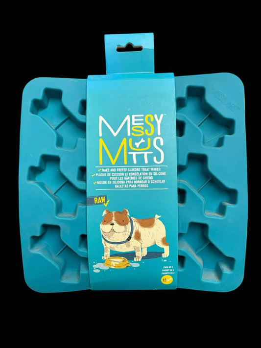 Messy Mitts silicone dog treat molds in blue, featuring bone shapes for easy pet treats.