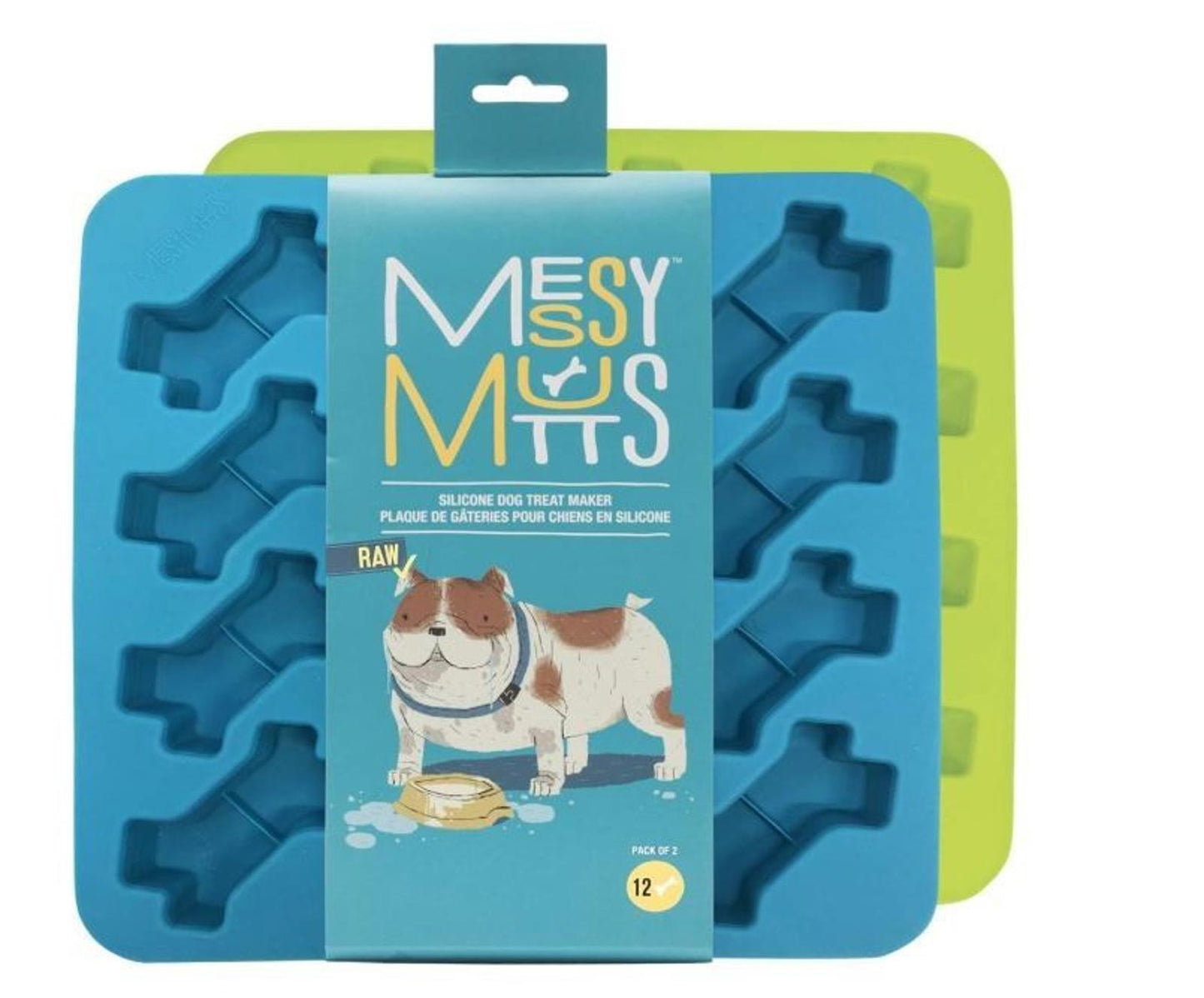 Messy Mitts silicone dog treat molds in blue and green, featuring bone shapes for easy baking.